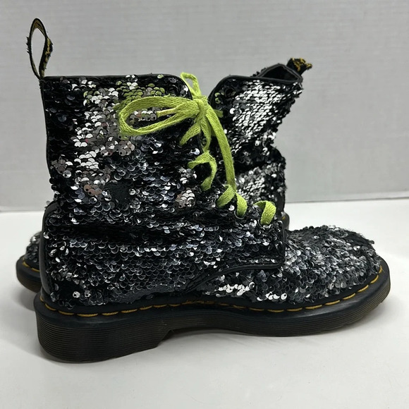 Dr. Martens 1460 Pascal Combat Sequin Black Silver Reversible Boot Womens Size 6 - Picture 7 of 11
